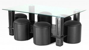 PAVY - Table Basse + 6 Poufs Noir