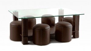 PAVY - Table Basse + 6 Poufs Marron