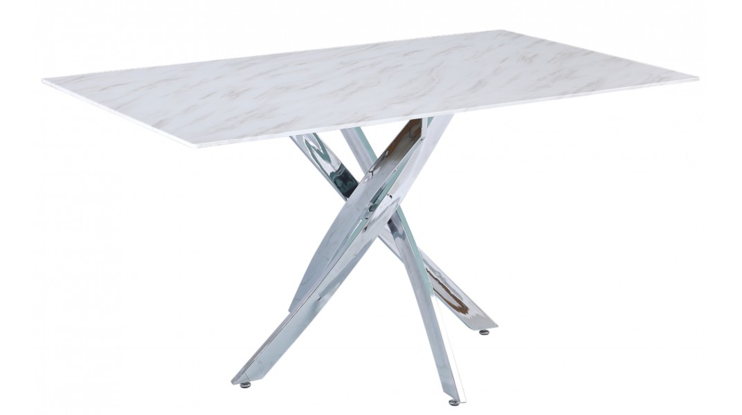 Table rectangulaire pour salle à manger, plateau en verre marbré blanc et pieds en acier inoxydable