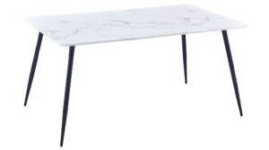 Table pour salle à mager AGNES plateau en verre marbre blanc avec des pieds en métal noir