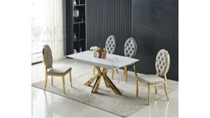Table à repas SPIK rallonge céramique marbre blanc et pieds doré