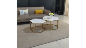 Table basse DUO HEXAGOGNE avec pieds dorés et plateau beige