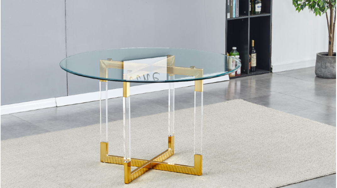 Table à repas CRYSTAL ronde en verre transparent et dorée